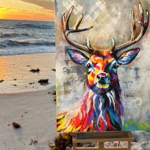 Angus Highland stag canvas, Scottish stag artwork, bold stag wall art, Scotland-inspired decor, tartan Highland stag painting, premium canvas print Australia, unique Scottish gifts, vibrant wildlife art, statement piece for home, majestic stag illustration.