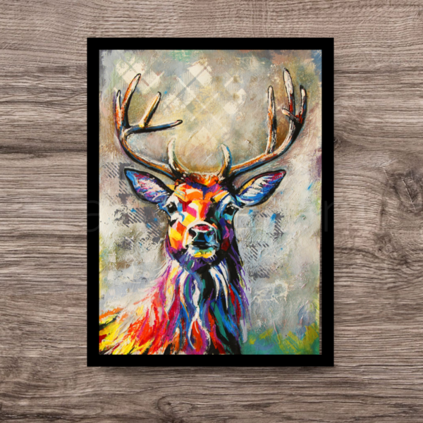 Highland stag A1 poster, Scottish stag artwork, bold stag wall art, Scotland-inspired decor, tartan Highland stag painting, premium poster Australia, unique Scottish gifts, vibrant wildlife art, statement piece for home, majestic stag illustration.