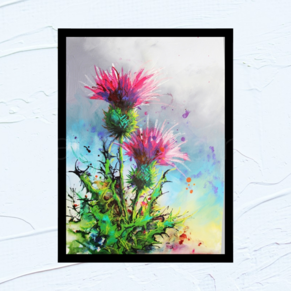 Scottish thistle poster featuring a bold pink flower against a soft Highland background, printed as a large A1 wall art print