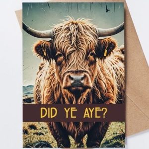 Highland coo greeting card with “Did Ye Aye?” caption