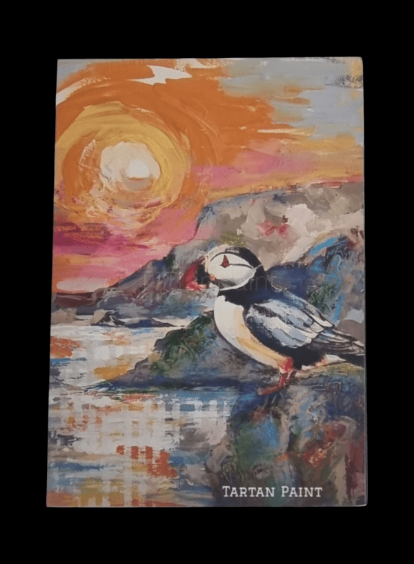 Scottish puffin fridge magnet showing puffin at sunset on Isle of Mull cliffs – Tartan Paint