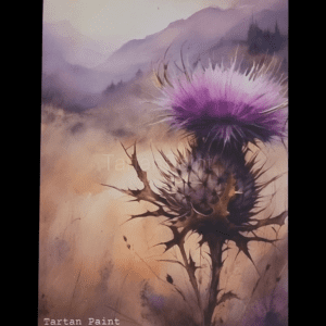 Scottish thistle fridge magnet with purple flower and Highlands background – Sole Thistle by Tartan Paint