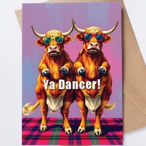 Funny Scottish coo card with dancing Highland cows and tartan background