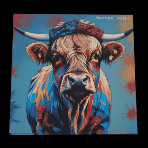 Fridge magnet of a Highland cow wearing a tartan jacket and hat, set against a colourful artistic background
