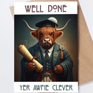 Scottish congratulations card, funny graduation greeting, clever Highland cow card, Scotland-themed success card, premium Tartan Paint card, unique Scottish gift, quirky achievement greeting, Highland coo celebration, well done Scottish card, smart coo card.