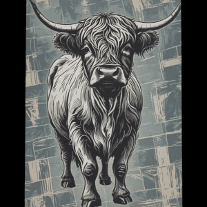 Monochrome Highland cow fridge magnet with long horns and stone-effect background