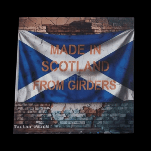 Fridge magnet featuring the Saltire with the text “Made in Scotland from Girders” against a grungy brick background