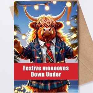 Highland coo in tartan jacket with fairy lights – Christmas card