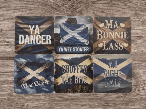 Funny Scottish beer mats with phrases like Ya Dancer and Ma Bonnie Lass
