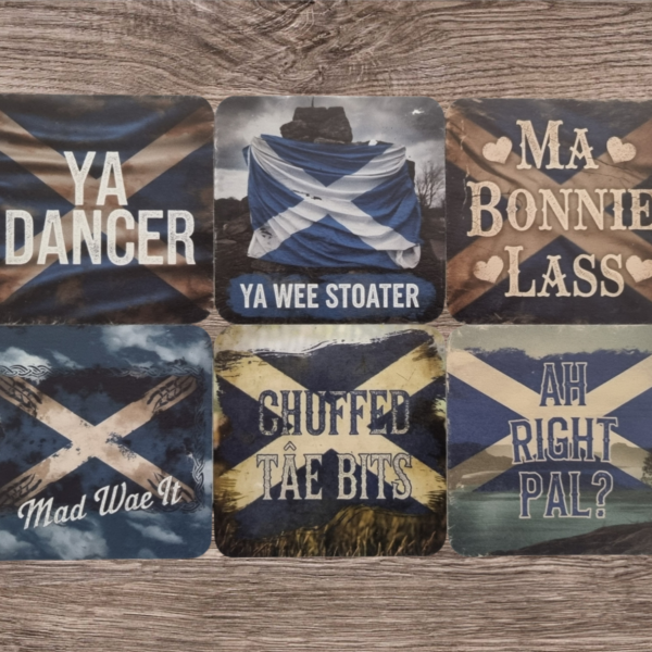 Funny Scottish beer mats with phrases like Ya Dancer and Ma Bonnie Lass