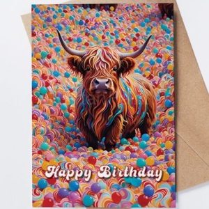 Colourful Highland cow birthday card surrounded by rainbow balloons