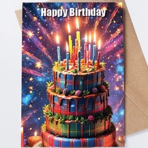 Tartan Cake Birthday Card featuring a layered tartan cake with rainbow candles and firework explosion in background