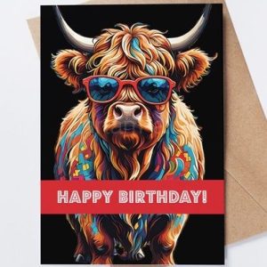 Colourful Highland cow birthday card surrounded by rainbow balloons