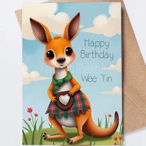 Wee Yin birthday card, funny Scottish greeting, cute tartan kangaroo, quirky Scotland-themed card, high-quality greeting, unique birthday gift, premium Scottish card, tartan print celebration card, perfect gift for Scots, novelty birthday greeting.