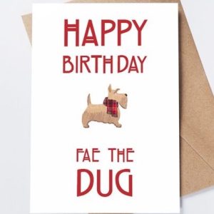 Birthday card with tartan Scottie dog and text “Happy Birthday Fae the Dug”