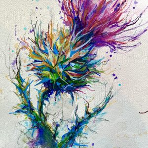 Scottish thistle art print in rich purple and green ink with textured background and abstract splashes