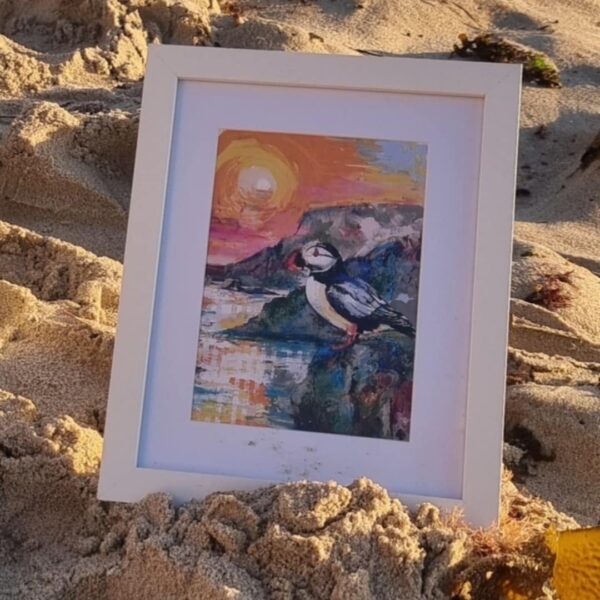 Scottish puffin print with coastal sunset – colourful seabird artwork by Tartan Paint