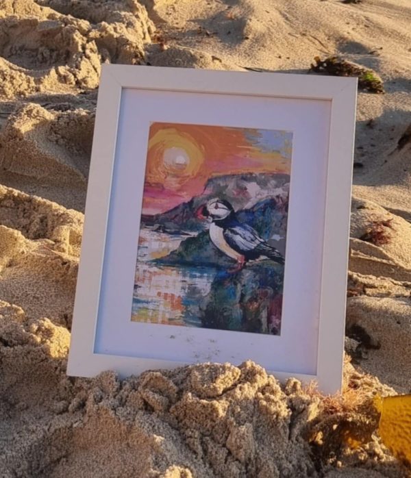 Scottish puffin print with coastal sunset – colourful seabird artwork by Tartan Paint
