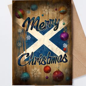 Scottish Christmas card, Saltire festive greeting, rustic holiday card, Scotland-themed Christmas, Scottish seasonal gift, premium holiday card, Scottish winter decor, traditional Christmas card, unique festive greeting, happy Christmas Scotland.
