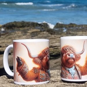 Ceramic mug featuring a dancing Highland cow with flowing fur and expressive pose