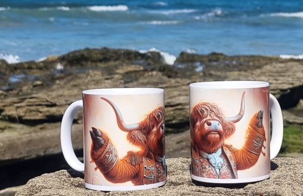 Ceramic mug featuring a dancing Highland cow with flowing fur and expressive pose