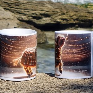 Scottish Christmas mug, Highland cow festive mug, tartan holiday coffee cup, cosy winter drinkware, festive Scotland mug, unique Christmas gift, novelty Highland cow accessories, Scotland-themed kitchenware, warm and nostalgic mug, Highland coo Christmas decor