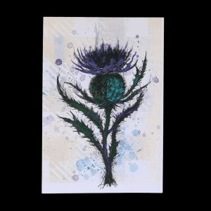 Scottish thistle artwork, ink and paint floral print, Scotland national flower illustration, tartan background wall art, Highland-inspired decor, bold Scottish-themed print, unique Scottish gifts, vibrant floral illustration, statement Scottish home decor, mixed media thistle art.