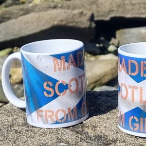 Ceramic Irn Bru mug with Saltire background and Scottish slogan text
