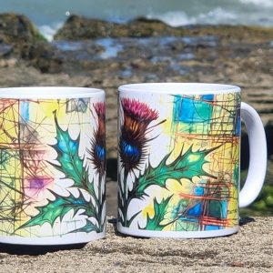 Colourful Scottish thistle design printed on a ceramic coffee mug