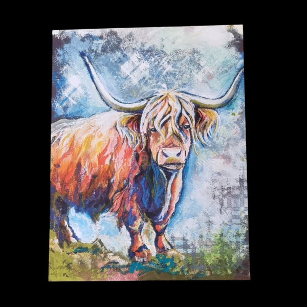 Highland cow painting, Scottish bull artwork, tartan art, Perth artist, locally printed art, Annie Sloan Chalk Paint, Scottish home decor, unique Scottish gifts