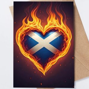 Scottish passion card, dramatic love greeting, burning heart Saltire, unique Scottish romance card, bold Valentine’s card, Scotland-inspired love note, premium Tartan Paint stationery, fiery romantic message, love with Scottish pride, powerful romance card.