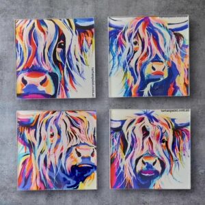 Scottish Themed Glass Coasters, Highland Cow Coasters, Tartan Paint Artwork,