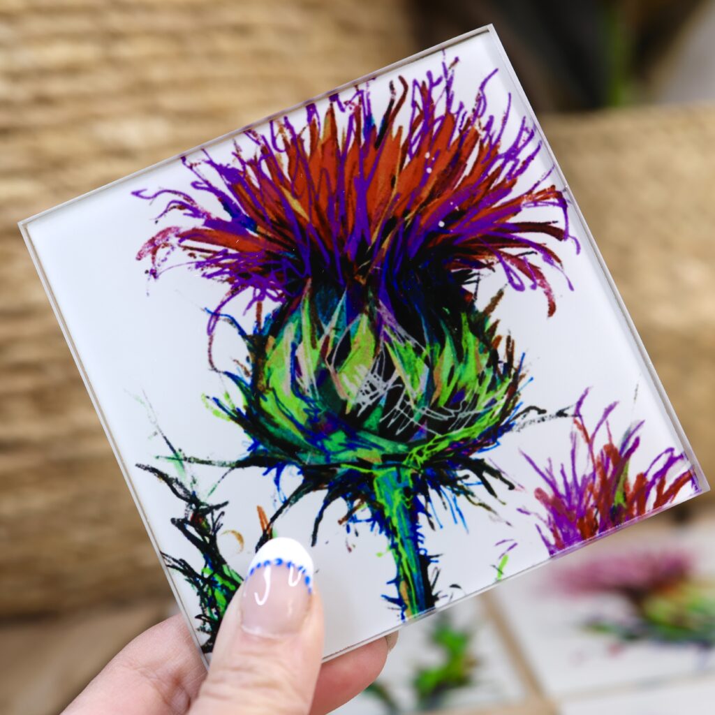 Scottish thistle glass coaster hand painted by Tartan Paint