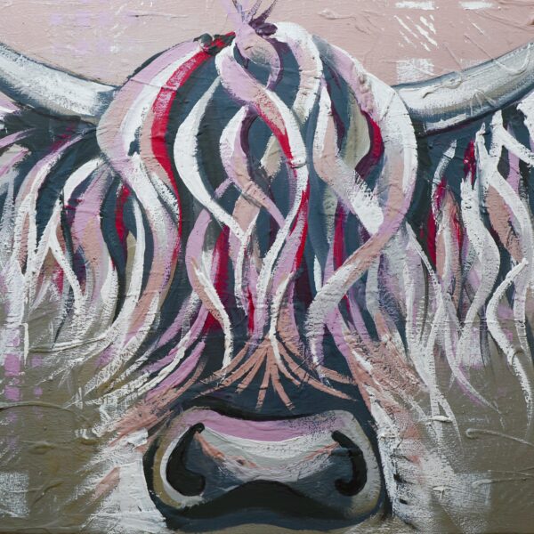 Rosie Highland cow painting in grey, pink and blue, printable digital download