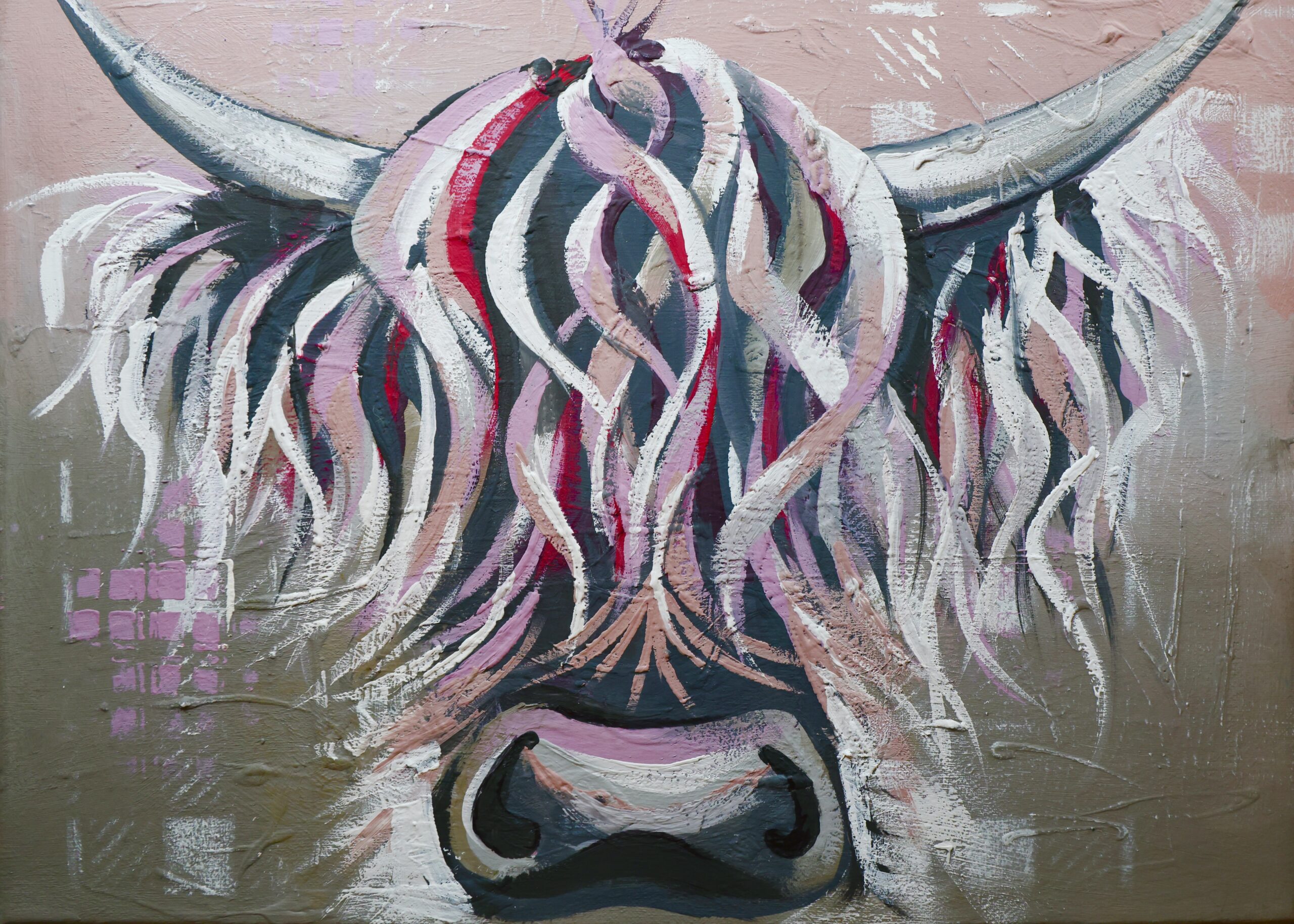 Rosie Highland cow painting in grey, pink and blue, printable digital download