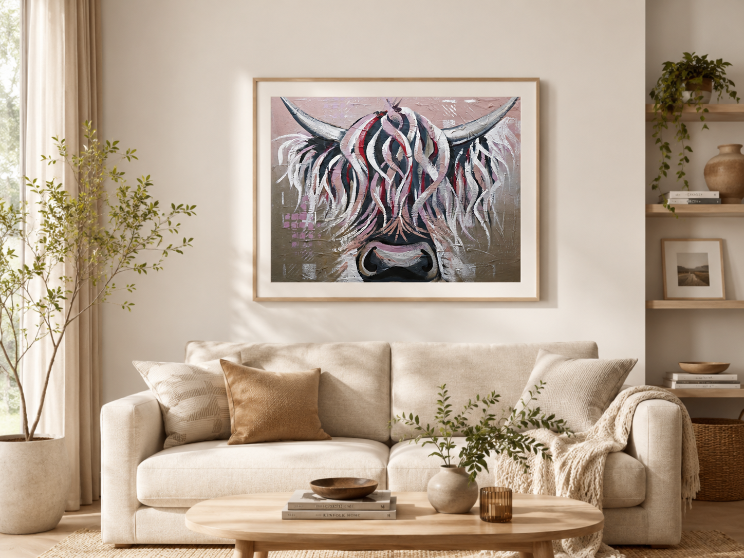 Rosie Highland cow print framed above a sofa in a Scandi living room