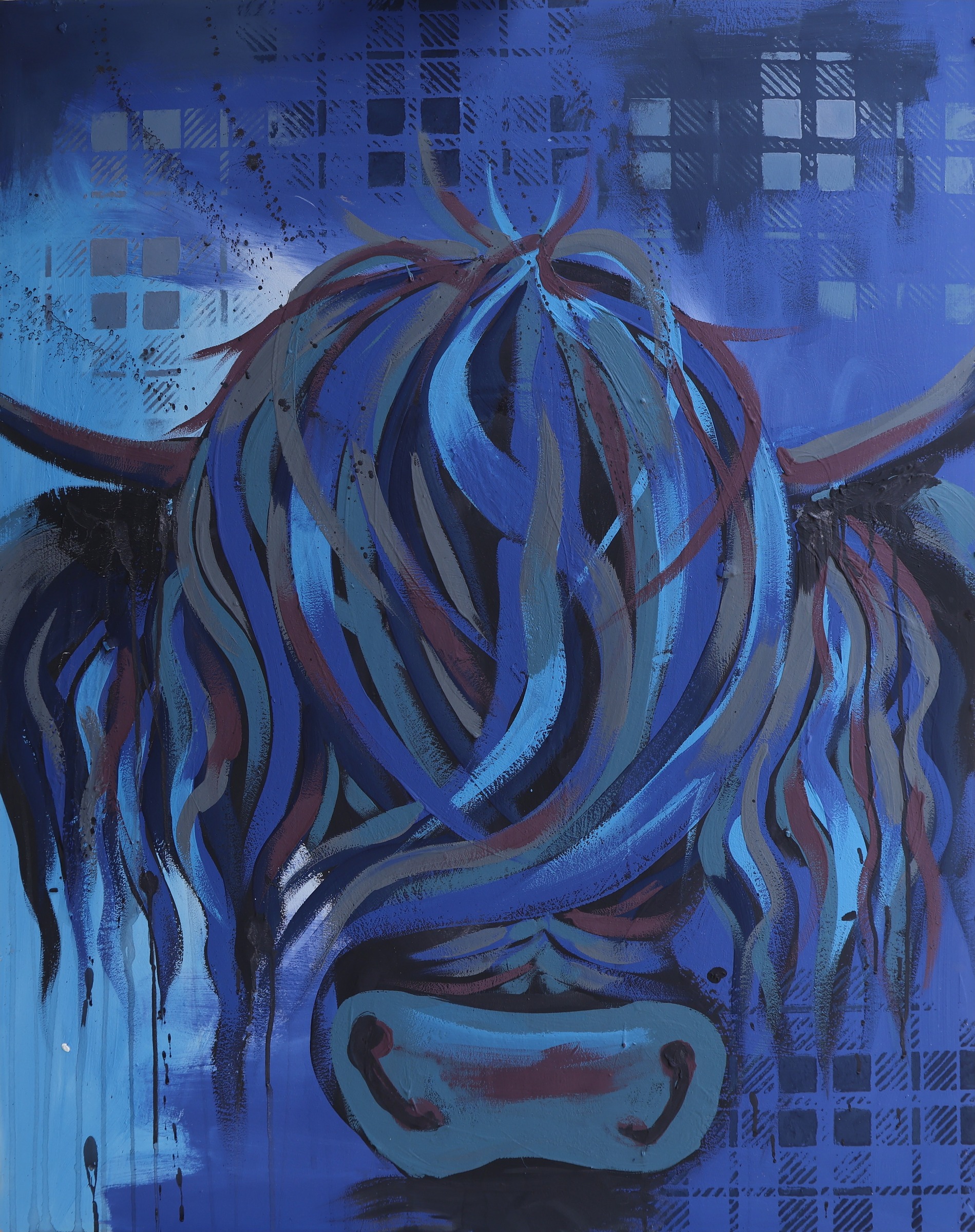Ally, an original blue Highland cow painting in cobalt and midnight blue with rust red through the fringe and tartan blocks in the background