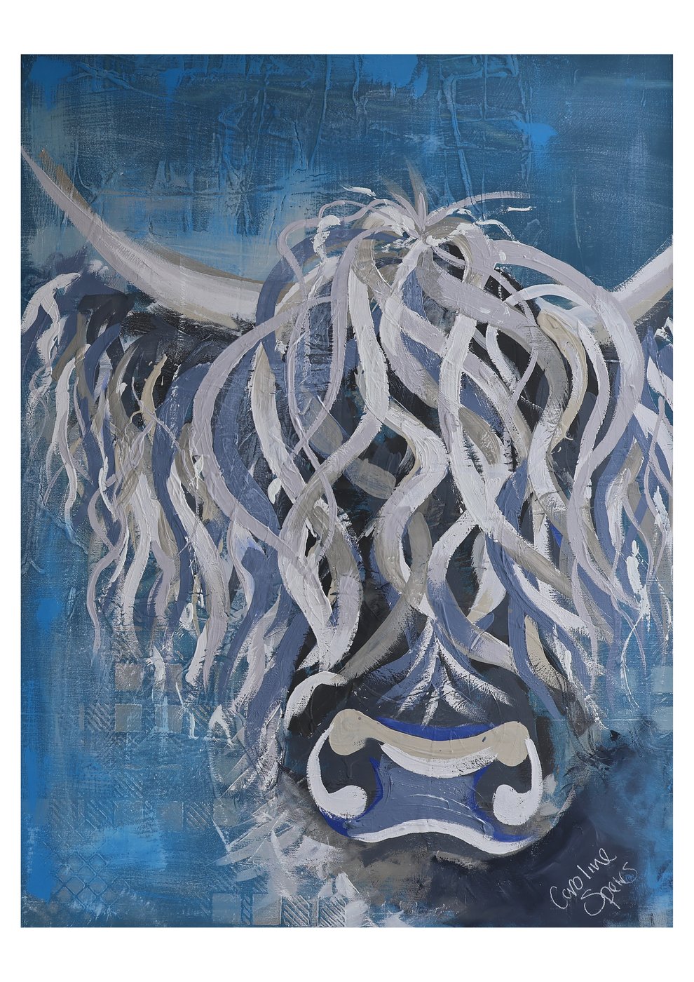 Bluebell Highland cow digital download shown as an A3 print layout