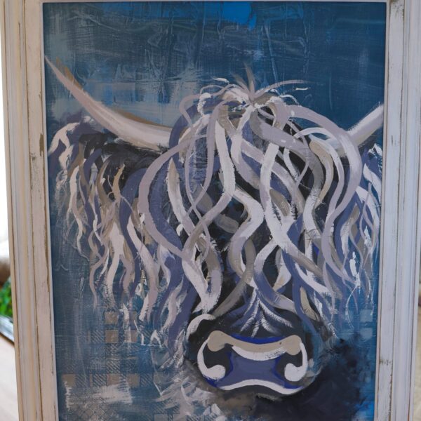 Bluebell, an original Highland cow painting in deep blue and grey with a distressed white frame, by Tartan Paint Perth