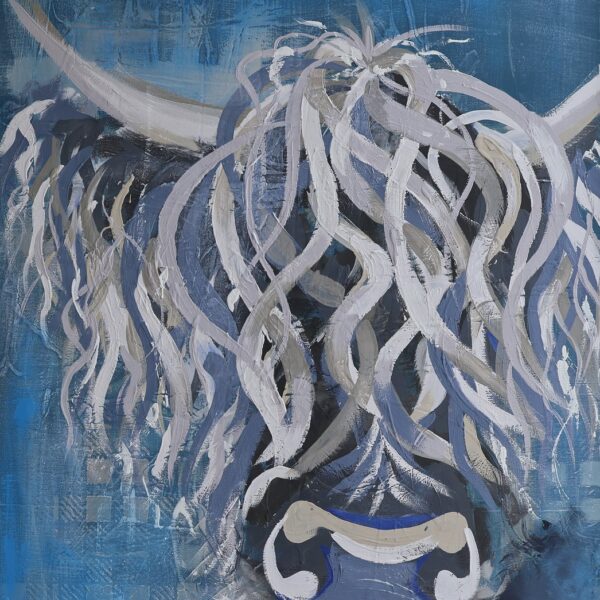 Bluebell printable Highland cow wall art in blues and greys, digital download