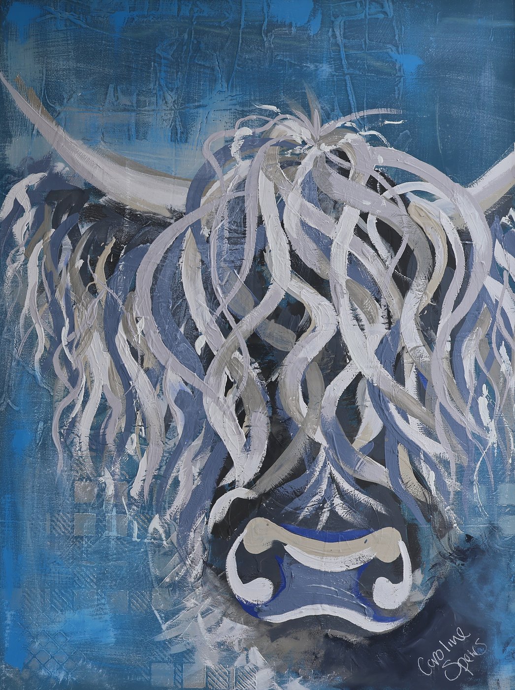 Bluebell printable Highland cow wall art in blues and greys, digital download