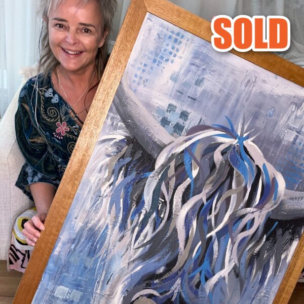 Bonnie Blue original Highland cow painting by Tartan Paint, sold