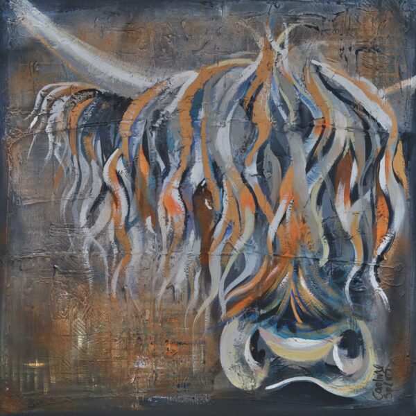 Eamonn Highland cow painting in Dundee United tangerine and black, printable digital download