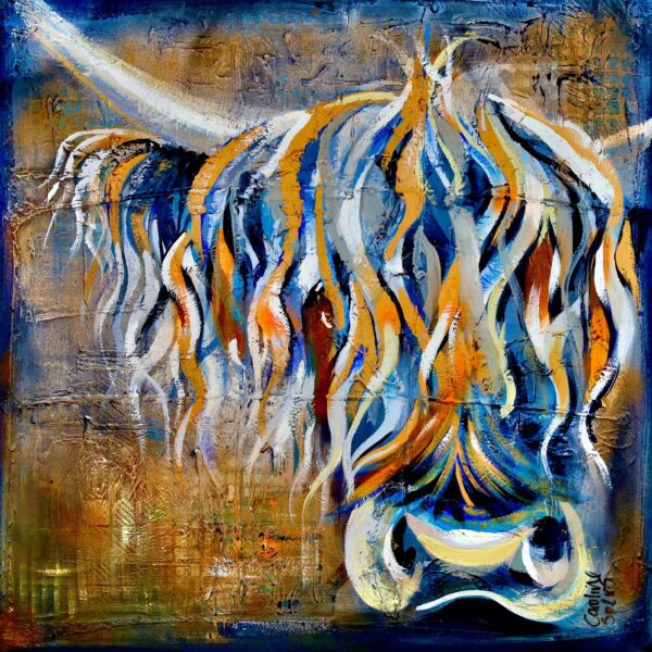 Eamonn the Highland coo, an original painting in Dundee United tangerine and black, available as a printable wall art download