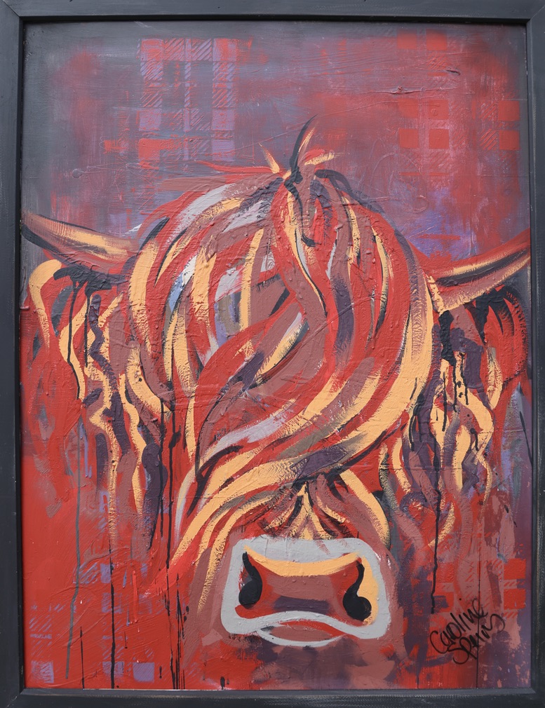 Fiona, an original red Highland cow painting in scarlet, apricot and plum with a stencilled tartan check behind her, signed Caroline Speirs