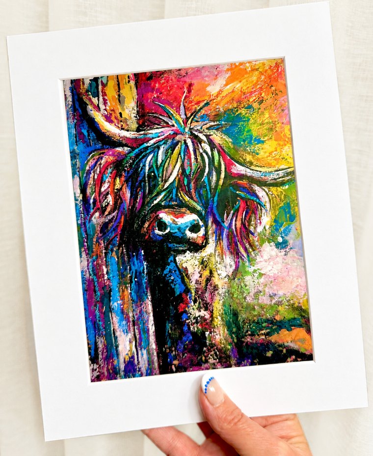 Framed Highland cow print in bright colours by Tartan Paint Perth