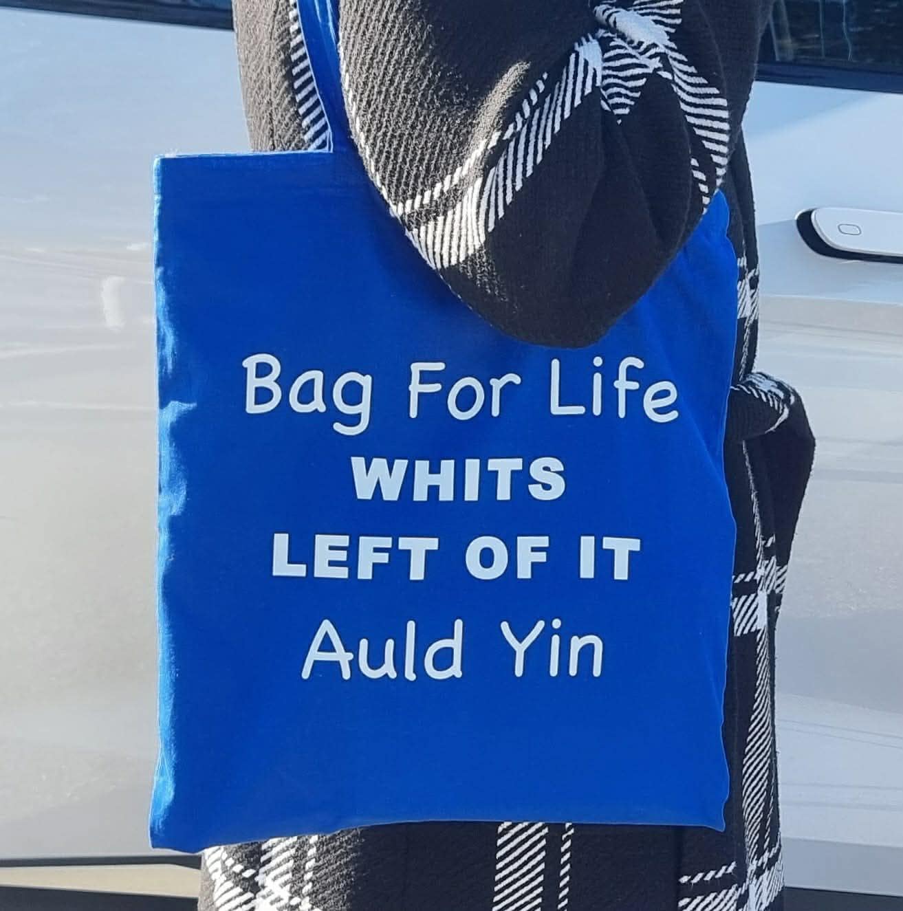 Scottish tote bag, Bag For Life Whits Left Of It, carried on the shoulder