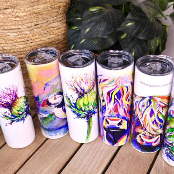 Scottish skinny tumblers 600ml in Highland cow, thistle and puffin designs