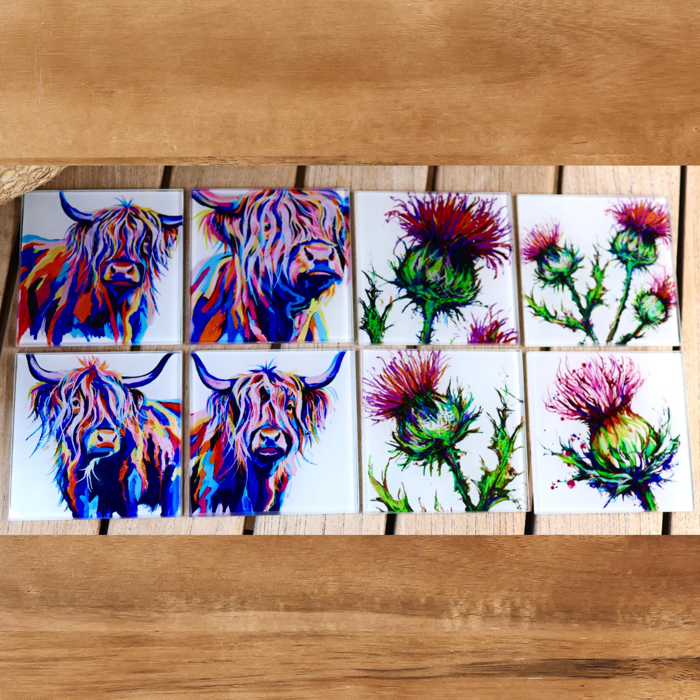 Scottish glass coasters, Highland cow and thistle designs