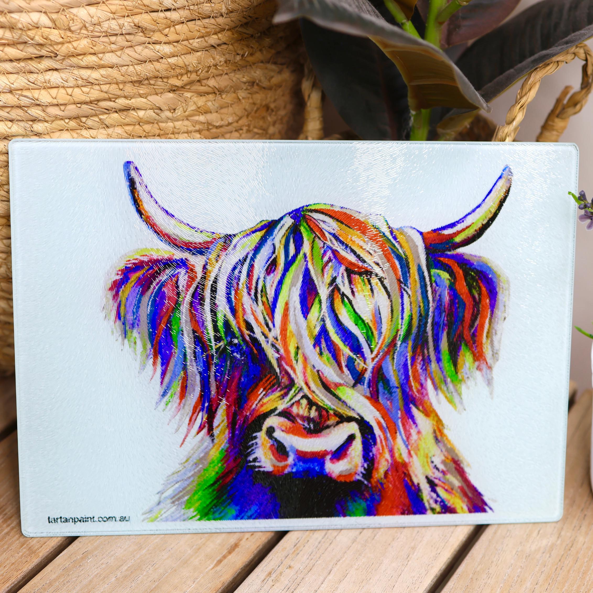 Highland cow tempered glass chopping board